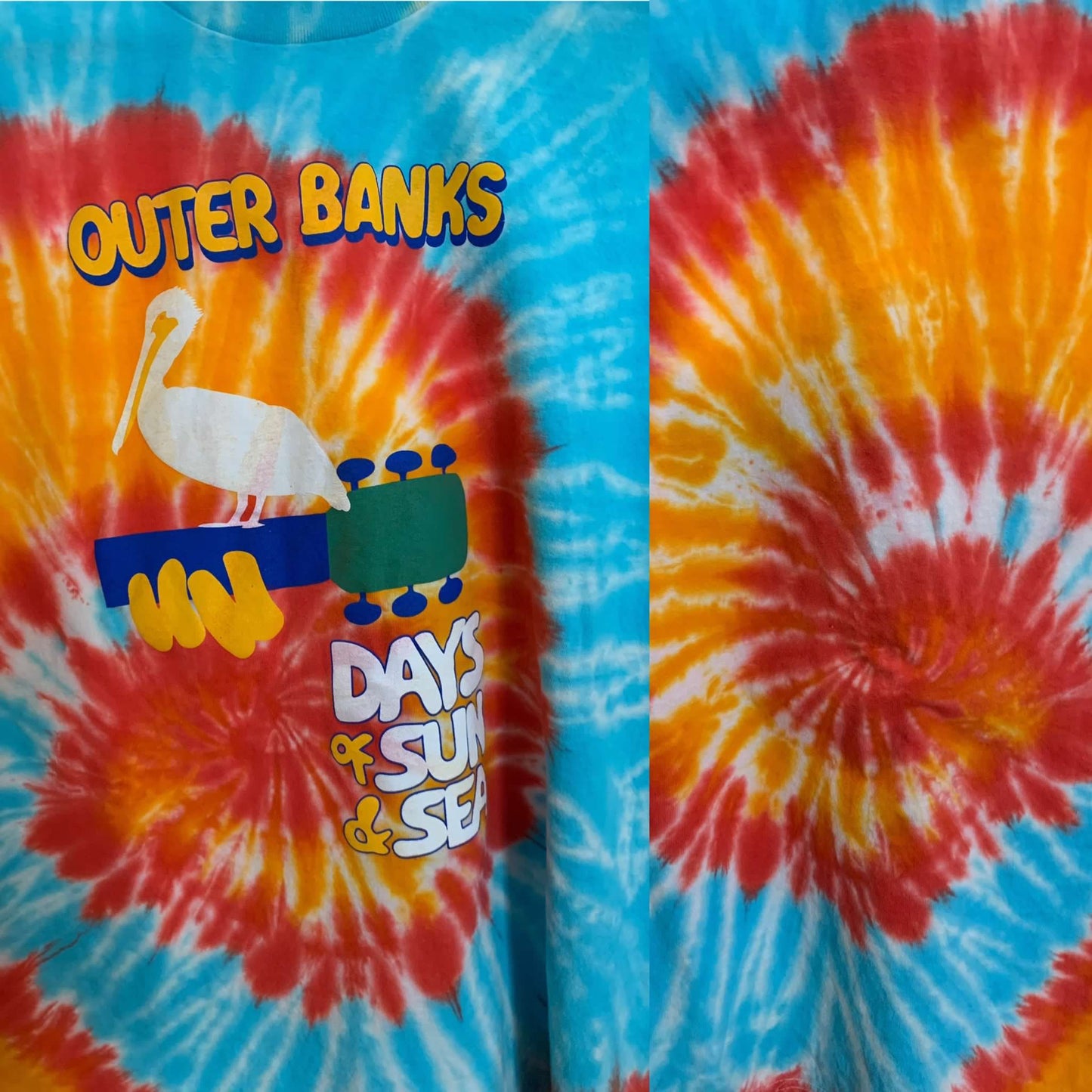 Tie-dye shirt with 'Outer Banks Days of Sun & Sea' text and a pelican design.