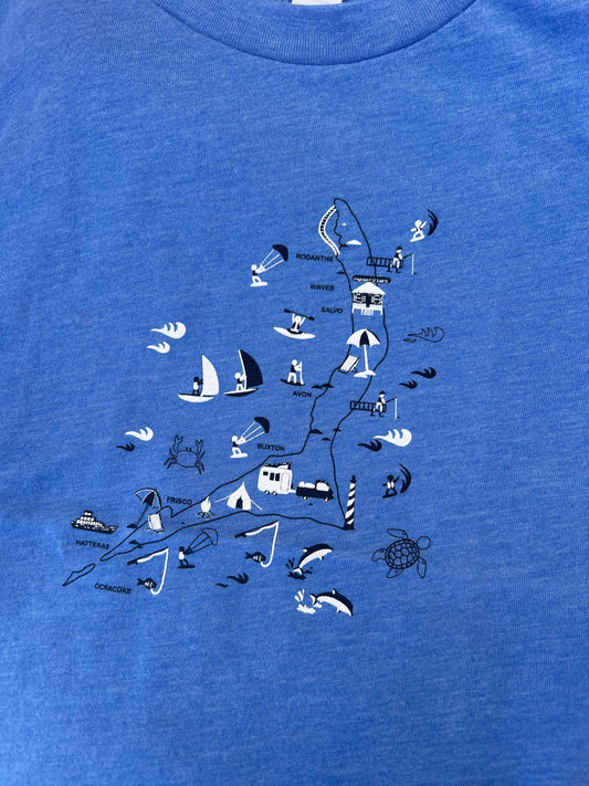 Blue t-shirt with white graphic design on a blue background