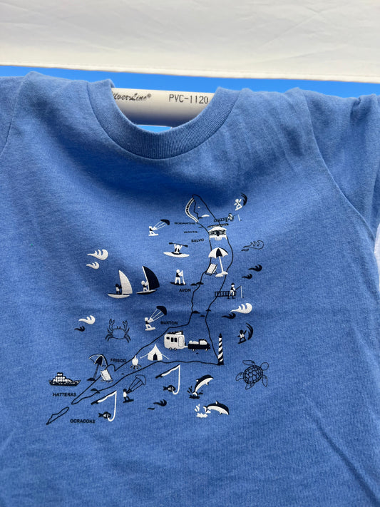 Blue t-shirt with black nautical-themed graphics on a blue background