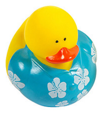Yellow rubber duck with a blue float featuring white flowers on a white background