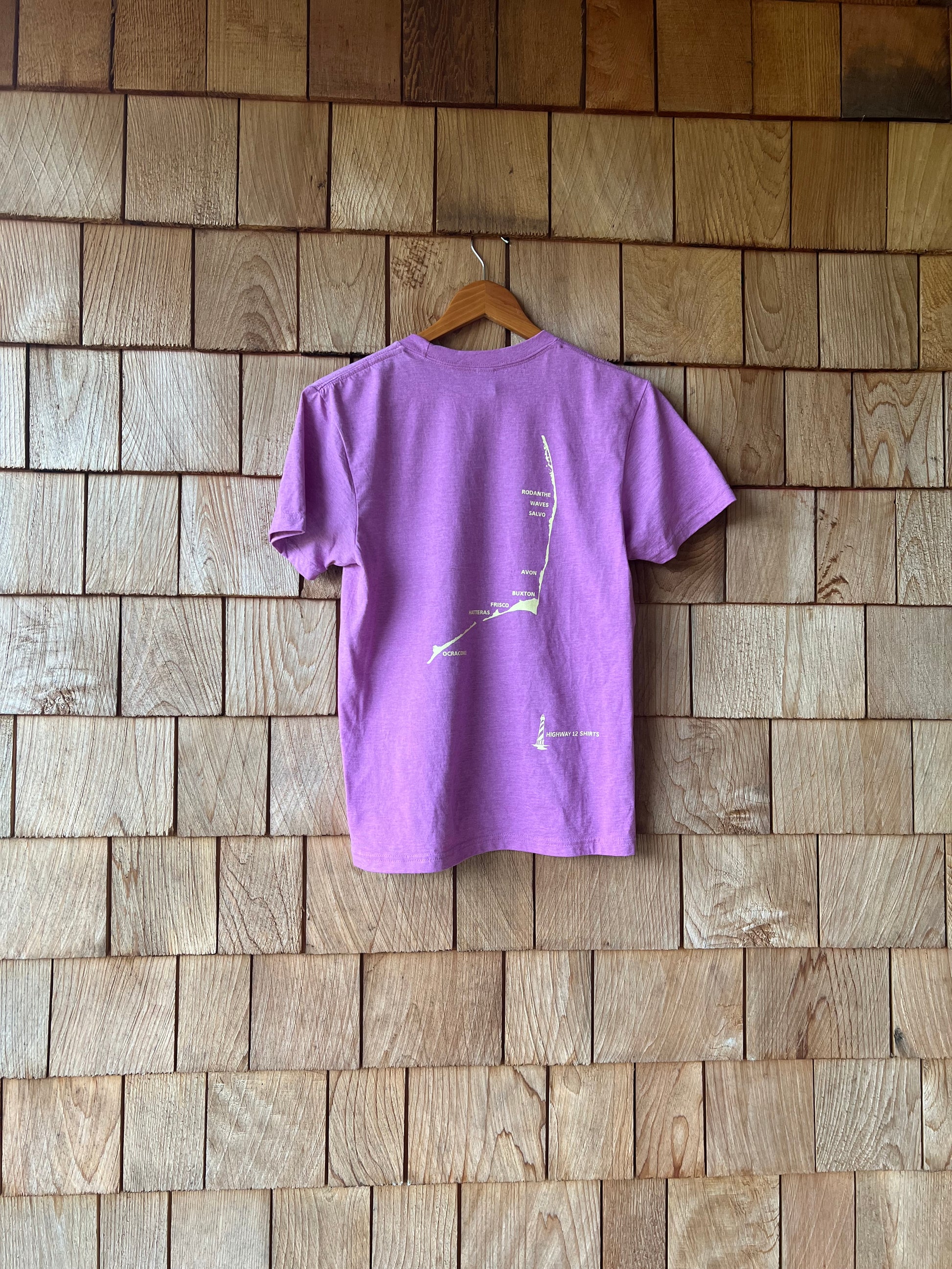 Heather lilac short sleeve with Hatteras Island map on the back.