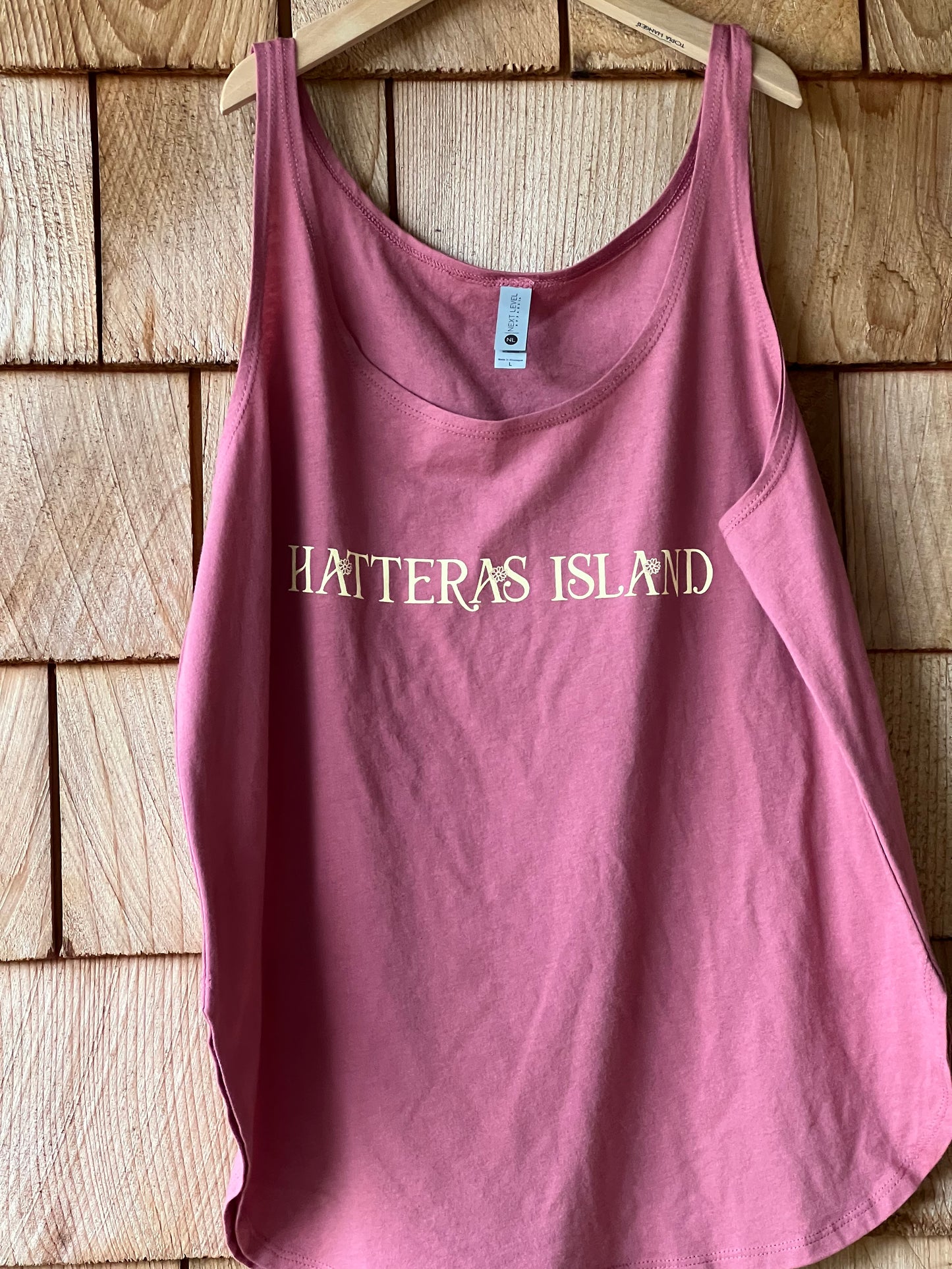 Purple tank top with light yellow graphic showing map of Hatteras Island North Carolina.  