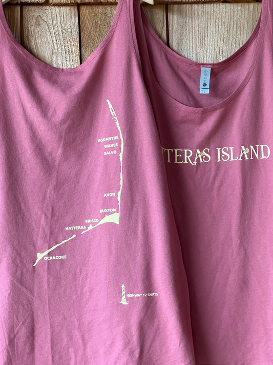 Purple tank top with light yellow graphic showing map of Hatteras Island North Carolina.  