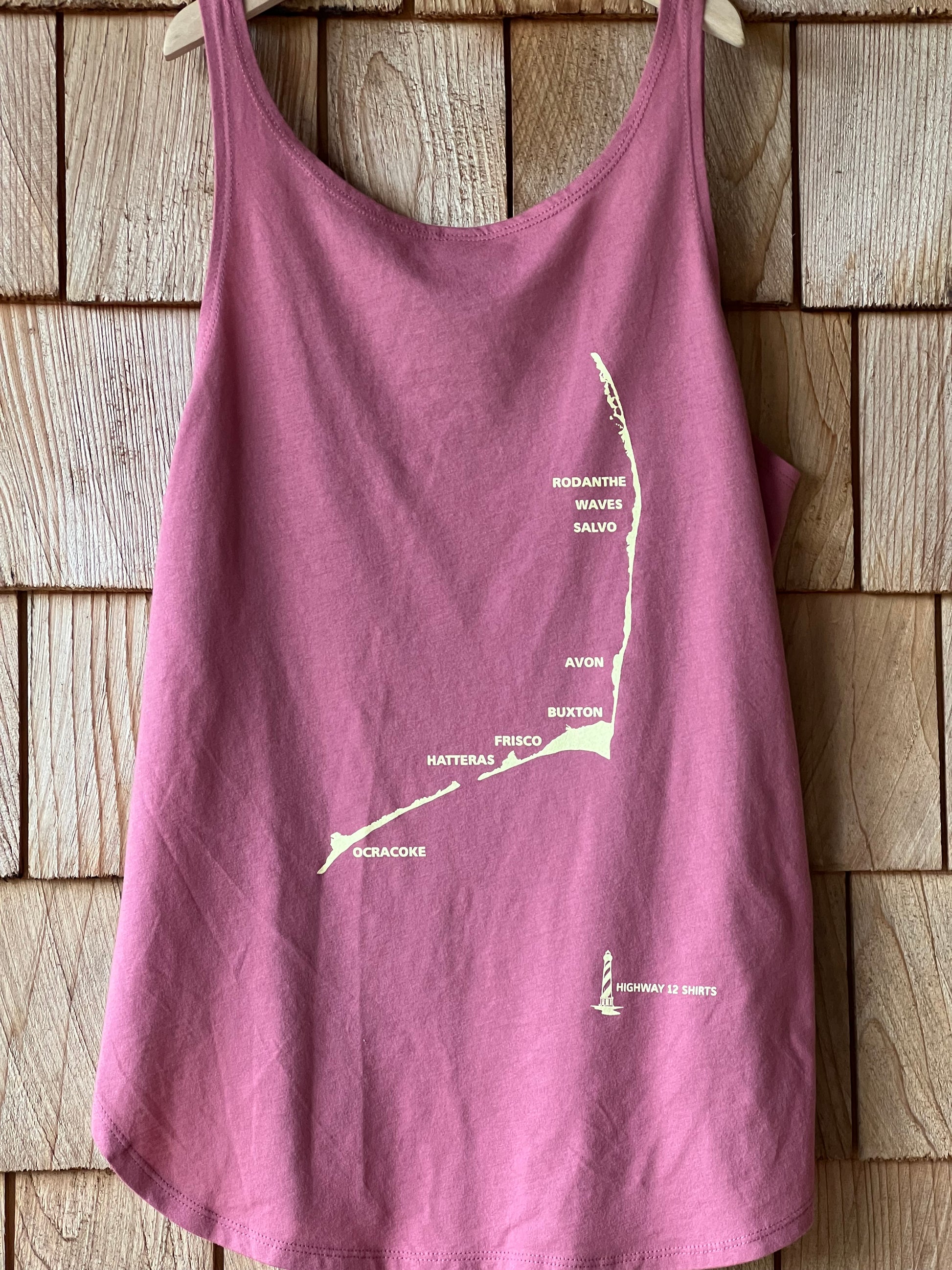 Purple tank top with light yellow graphic showing map of Hatteras Island North Carolina.  