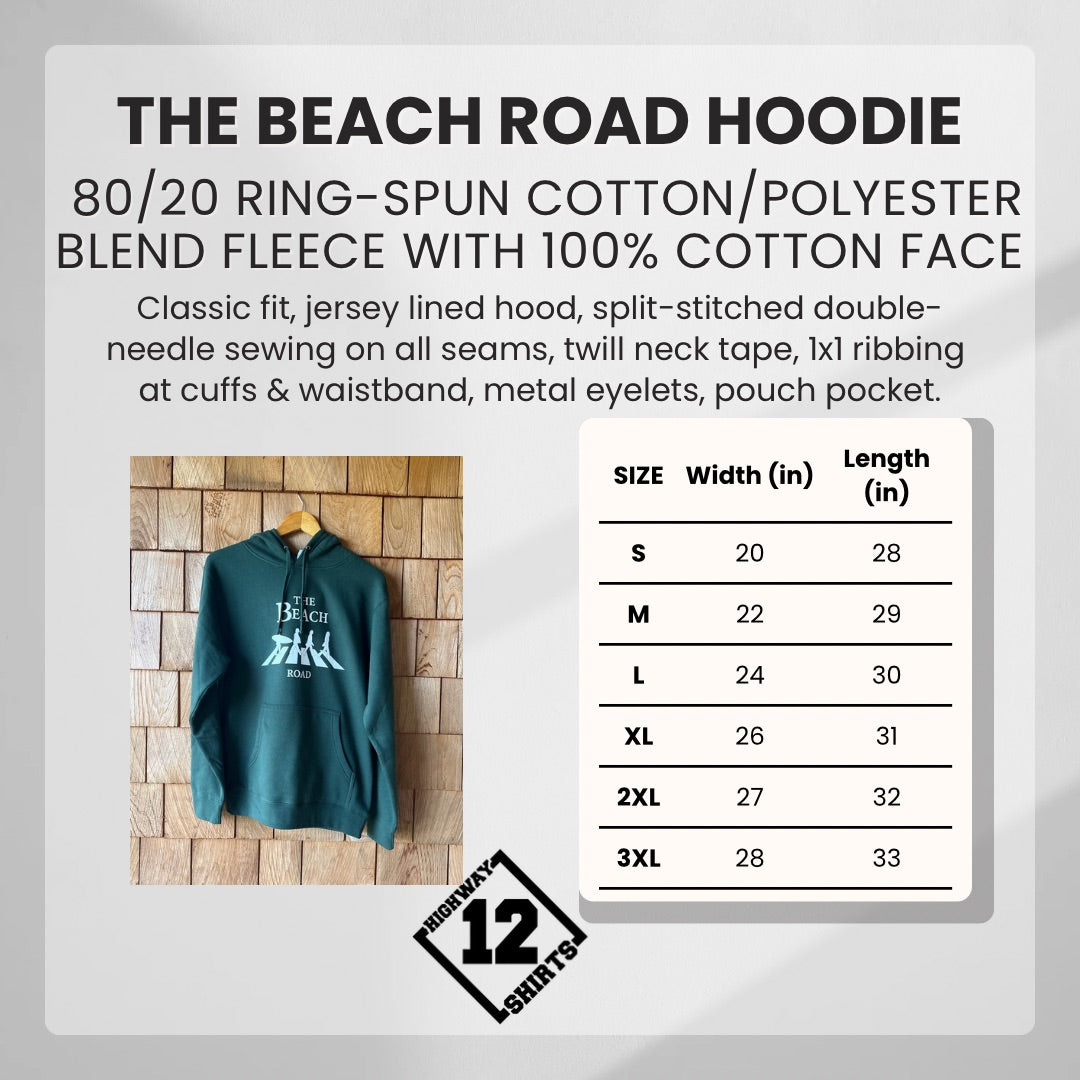 Teal hoodie on a hanger with size chart and product details against a gray background