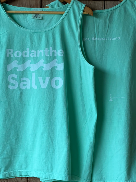 Teal tank top with 'Rodanthe Salvo' logo on a wooden surface