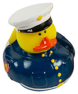 Rubber duck dressed as a sailor with a white hat and blue outfit on a white background