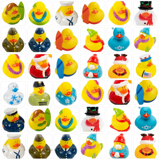 Collection of colorful rubber ducks with various outfits on a white background
