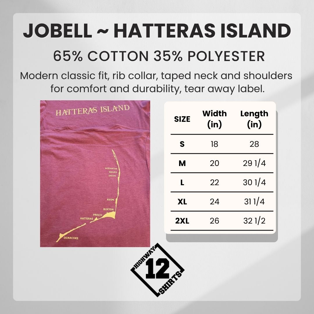 Product label for Jobell Hatteras Island shirt with size chart and brand logo.