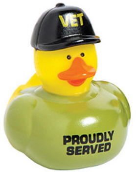 Rubber duck wearing a cap with 'VET' text and 'PROUDLY SERVED' text on its body, on a white background